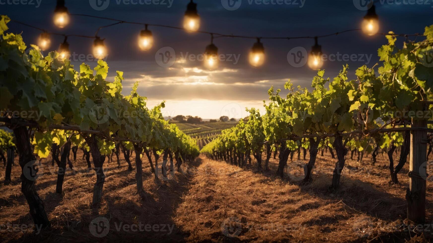 A picturesque vineyard at sunset, illuminated by string lights, creating a serene atmosphere. photo