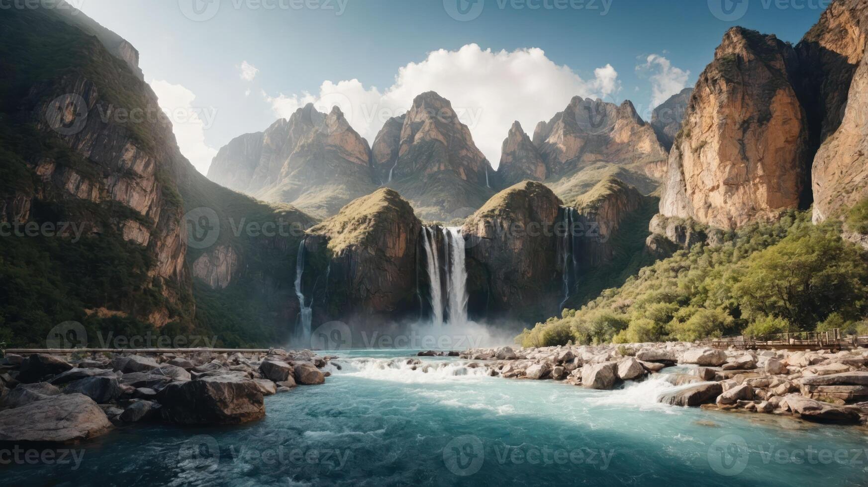 A stunning waterfall cascades into a turquoise river, surrounded by majestic mountains. photo