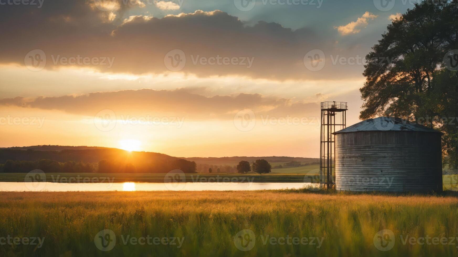 A serene sunset over a field with a silo and calm water, evoking tranquility and nature. photo