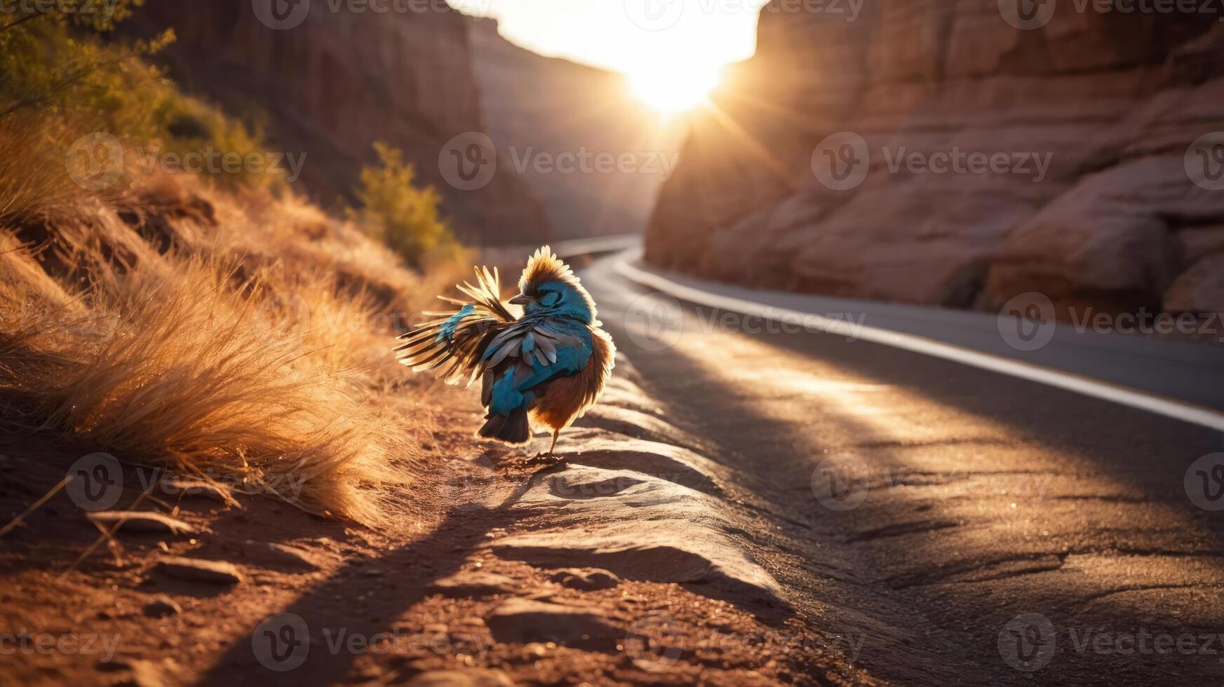 A colorful bird walks along a sunlit road in a canyon landscape. photo