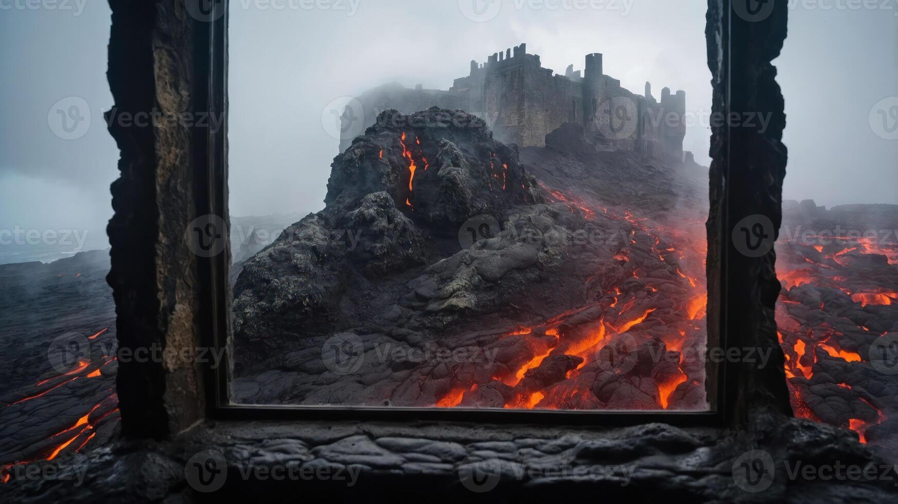 A dramatic view of a castle surrounded by flowing lava, seen through a window frame. photo