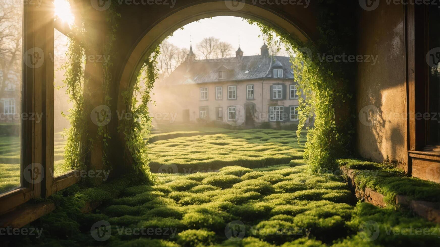 A serene view of an overgrown courtyard with sunlight filtering through an archway. photo