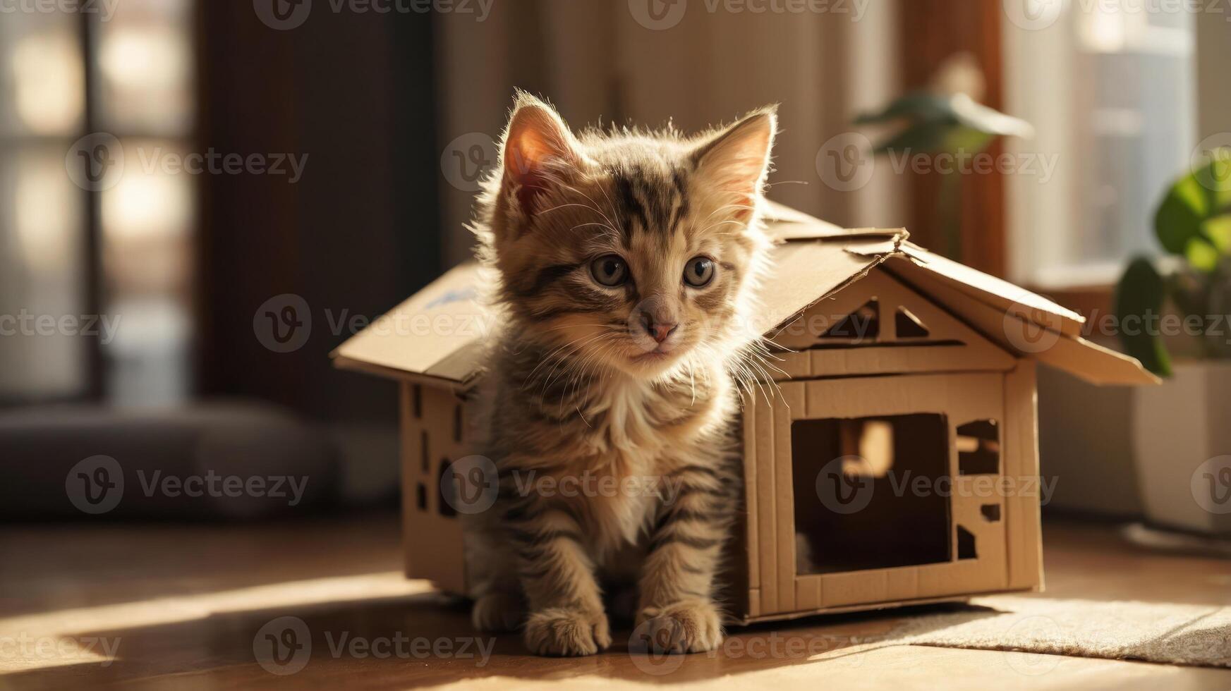A playful kitten sits in front of a cardboard house, basking in warm sunlight. photo