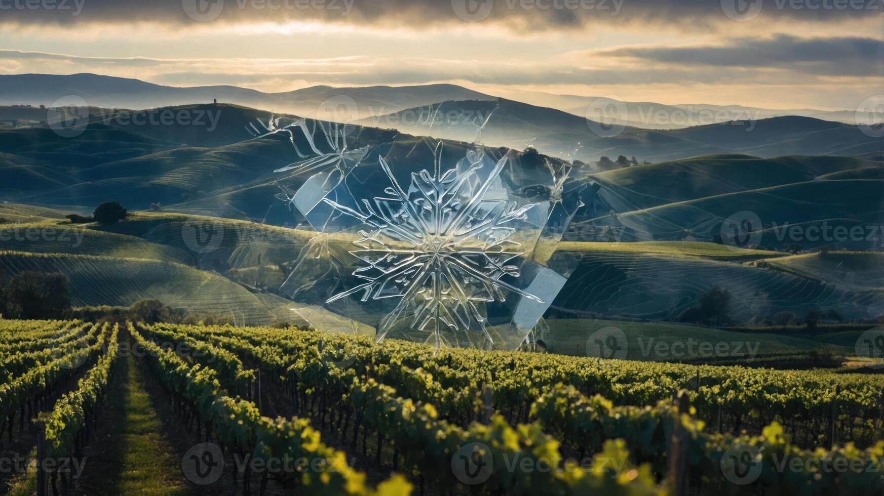 A serene vineyard landscape with a snowflake overlay, blending nature and winter elements. photo