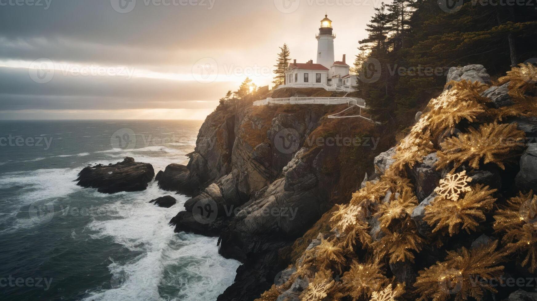 A scenic lighthouse on a cliff at sunset, surrounded by ocean waves and golden foliage. photo