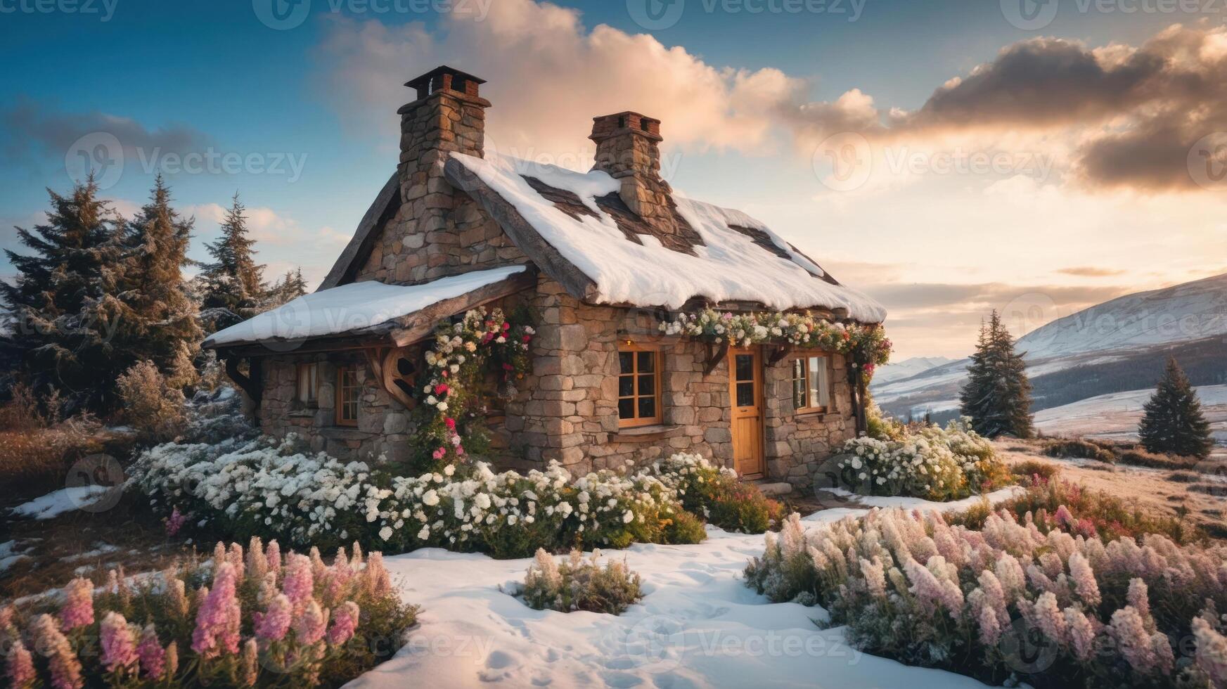 A cozy stone cottage adorned with flowers and snow, set against a picturesque landscape. photo