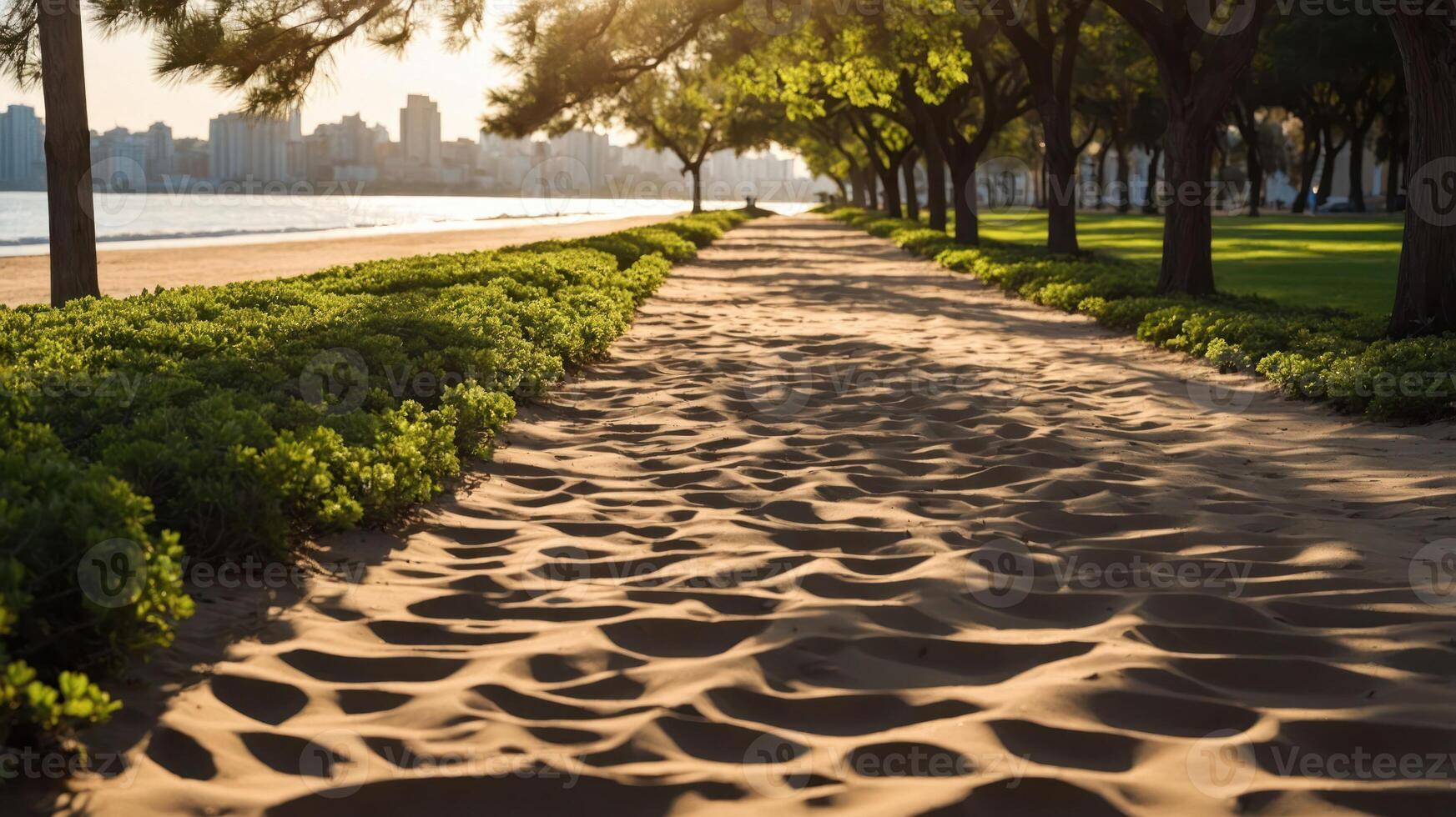 A serene sandy path lined with greenery and trees, leading towards a waterfront cityscape. photo