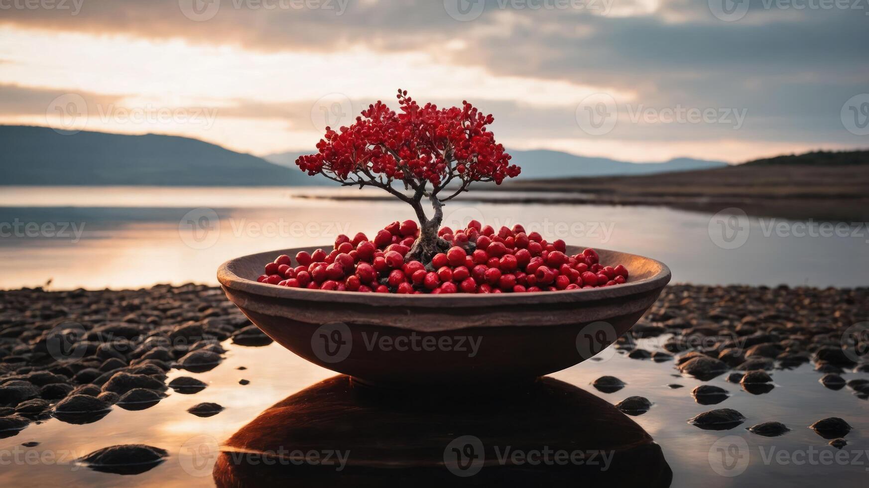 A serene landscape featuring a bonsai tree adorned with red berries in a tranquil setting. photo