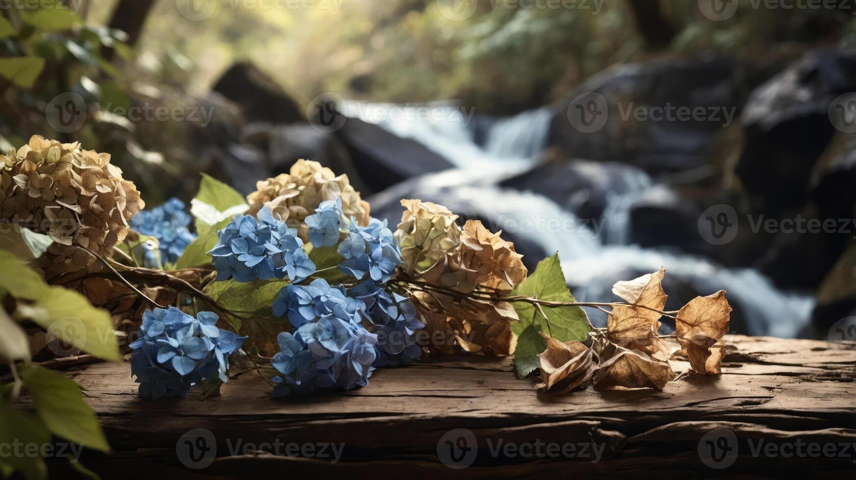 A serene scene featuring blue and dried hydrangeas on a log by a flowing stream. photo