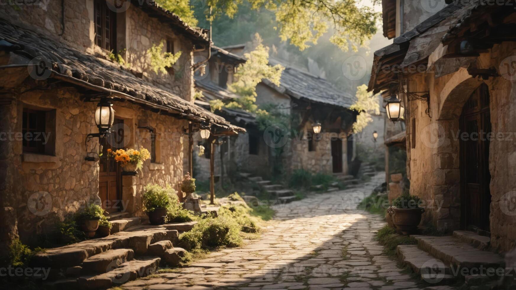 A serene cobblestone street lined with rustic stone houses and lanterns in a tranquil setting. photo