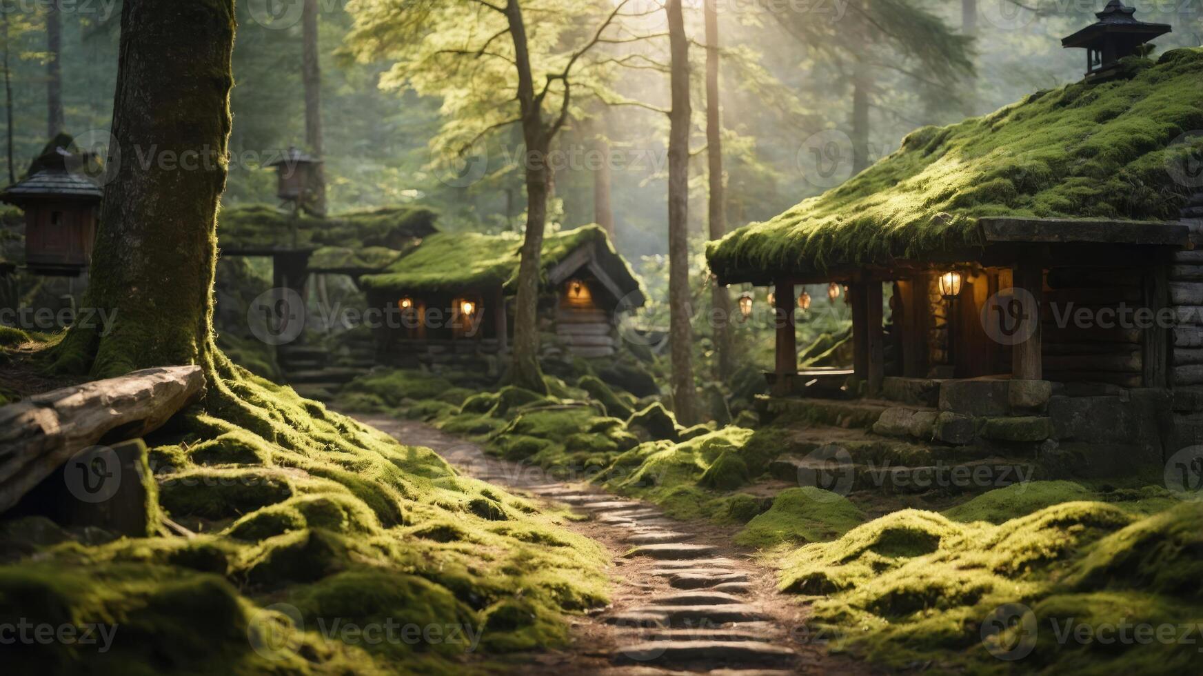 A serene forest scene featuring moss-covered cottages and a winding path. photo