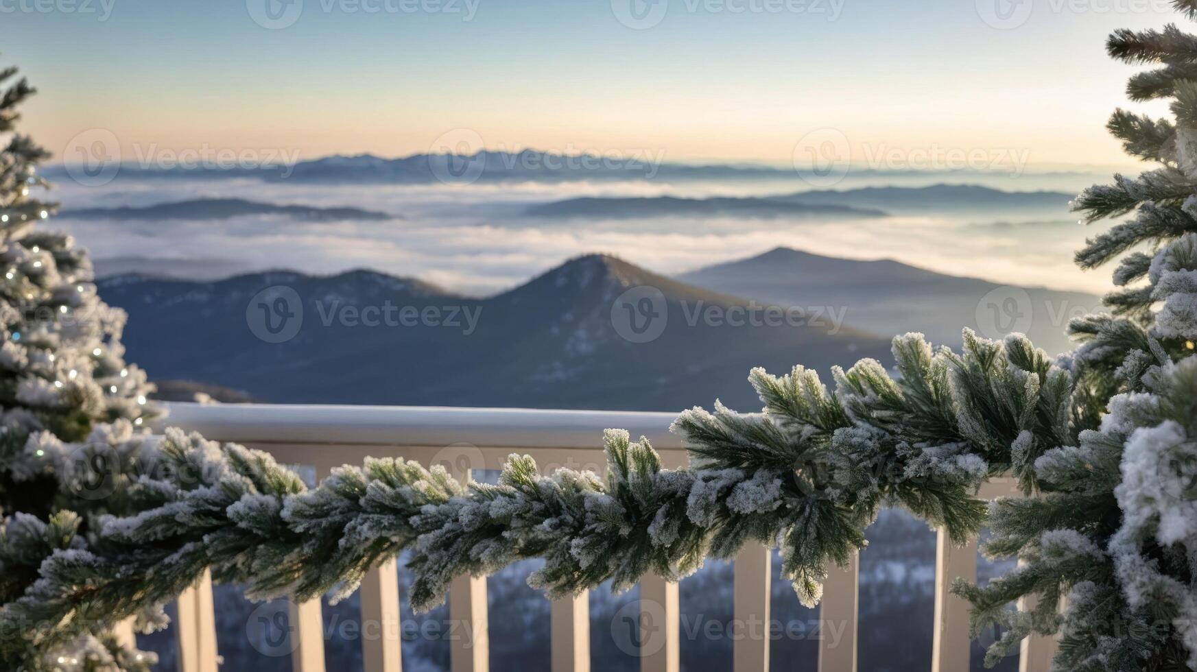 Scenic winter landscape with frosted greenery and mountains at sunrise. photo