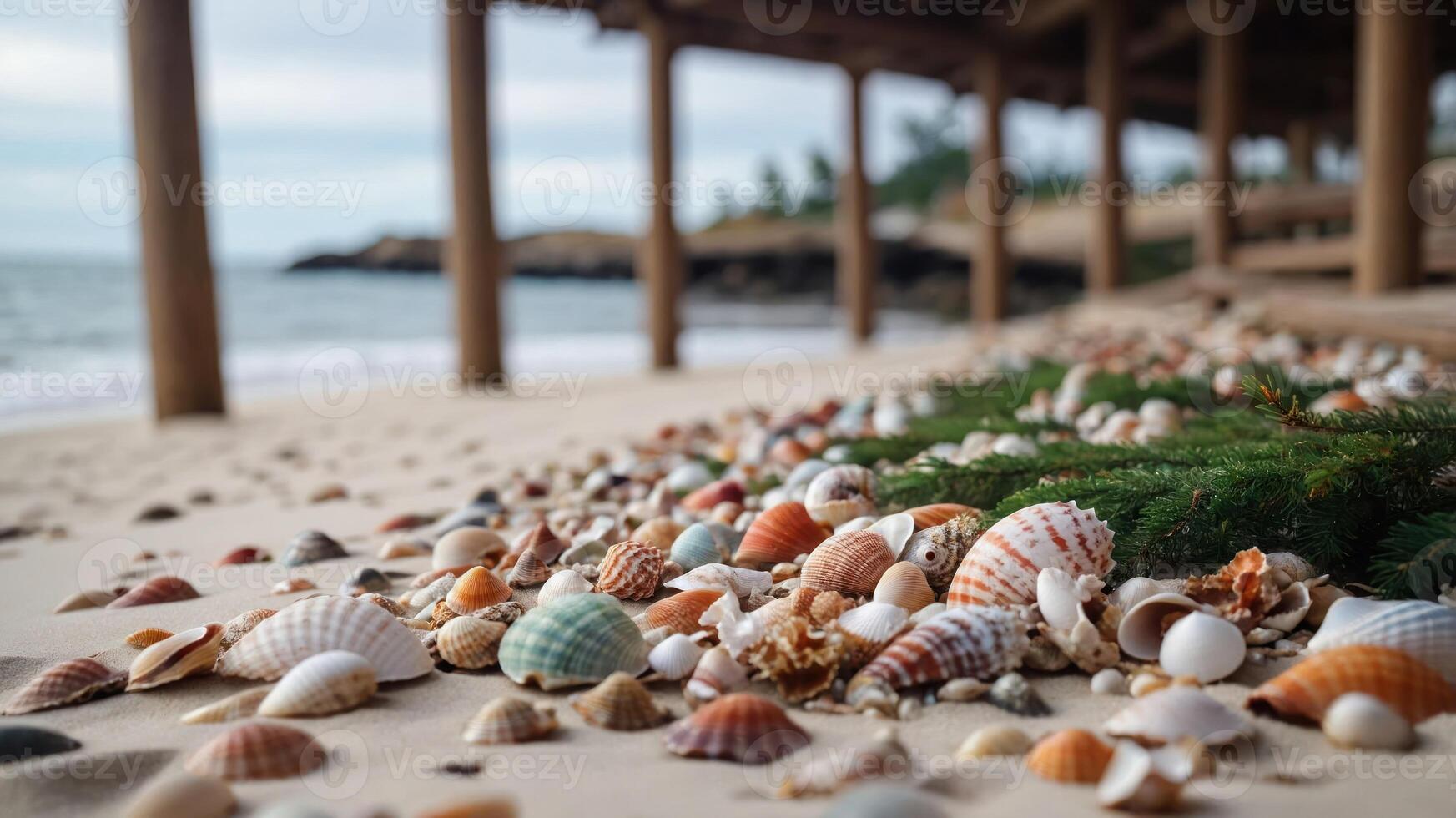 A serene beach scene showcasing a variety of colorful seashells scattered on the sand. photo