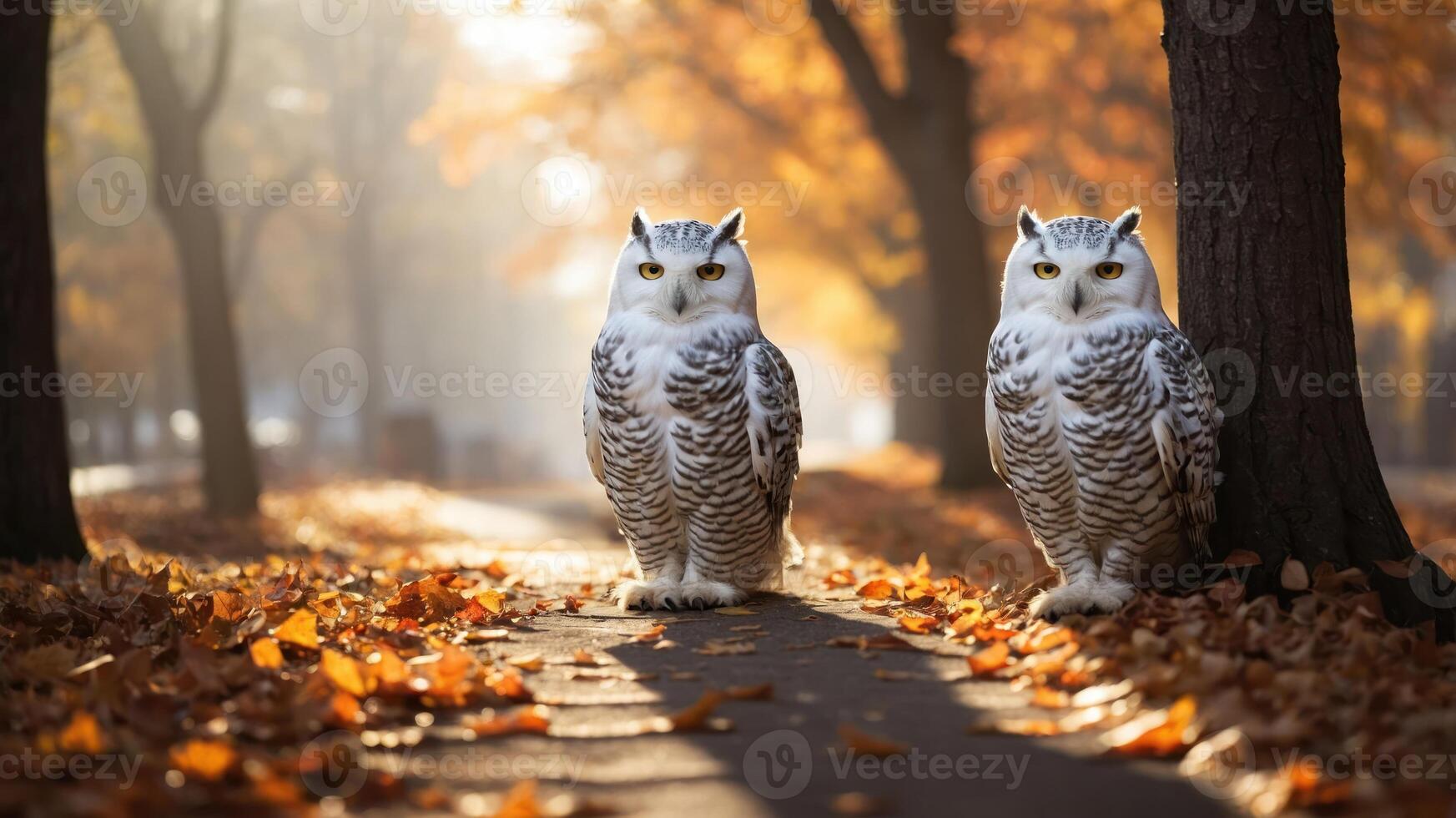 Two snowy owls standing on a path surrounded by autumn foliage. photo