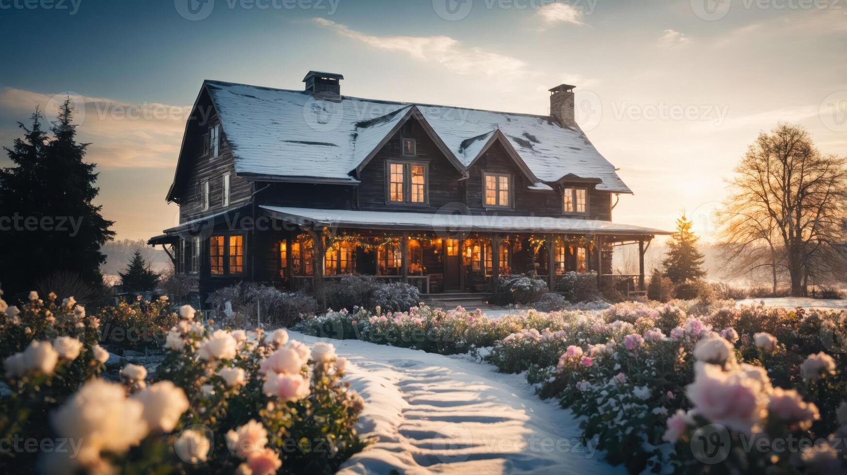 A cozy house surrounded by snow and blooming flowers at sunset. photo