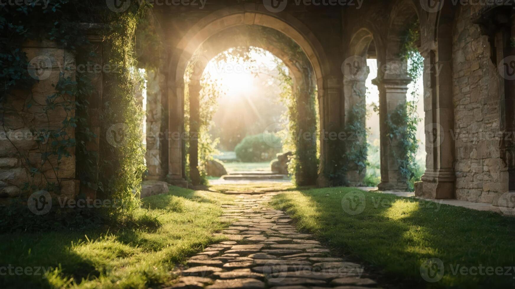 A sunlit archway leads to a serene garden, surrounded by stone and greenery. photo