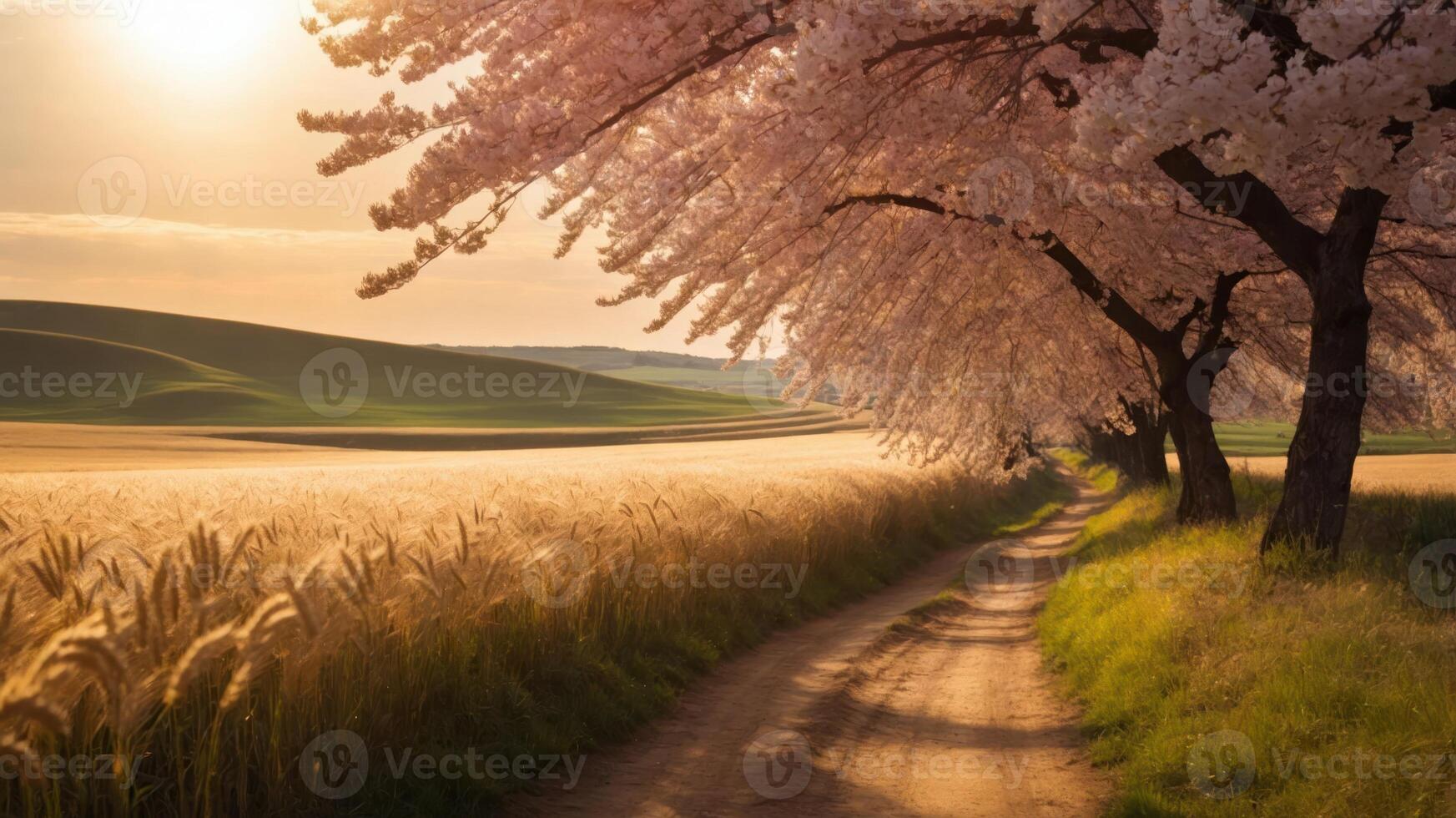 A serene path lined with cherry blossom trees, leading through golden fields at sunset. photo