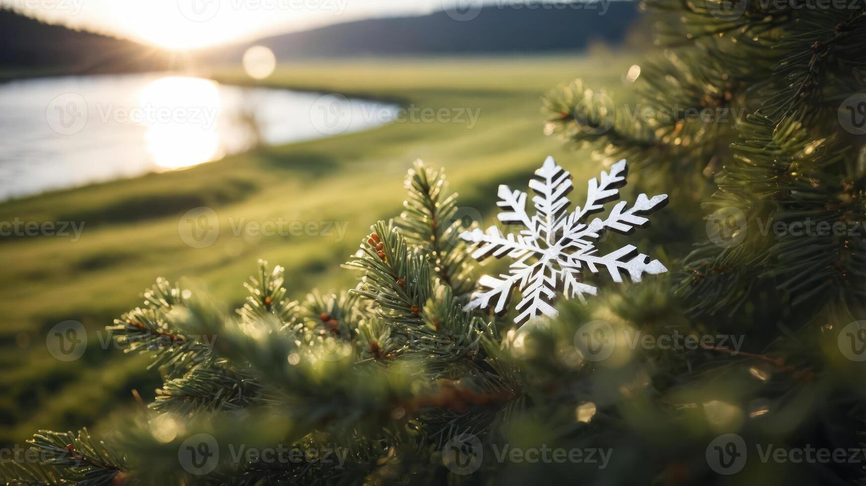 A snowflake ornament hangs on a pine branch by a serene river landscape at sunset. photo