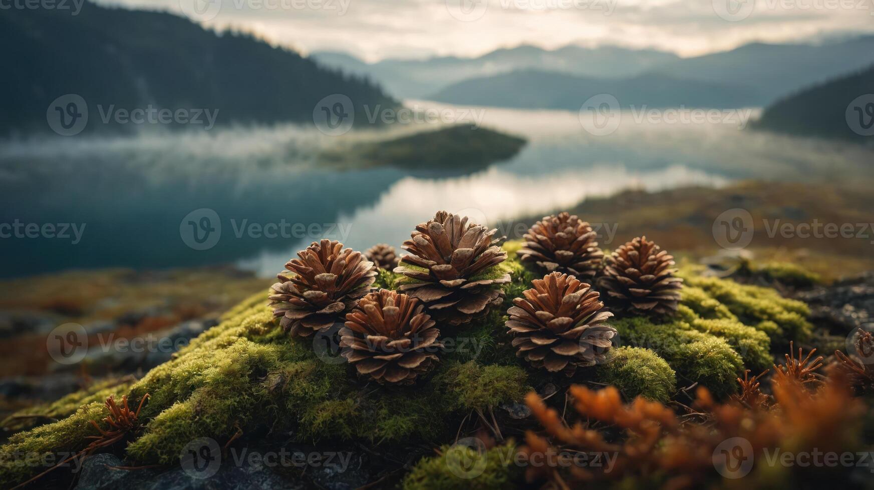 A serene landscape featuring pine cones on moss near a tranquil lake surrounded by mountains. photo