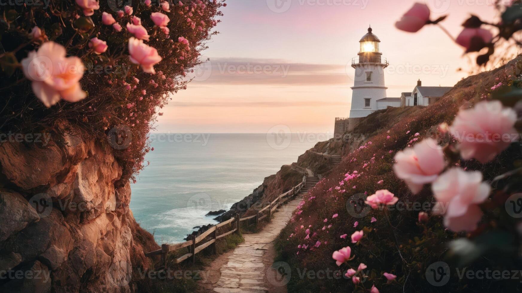 A serene coastal scene featuring a lighthouse surrounded by blooming flowers at sunset. photo
