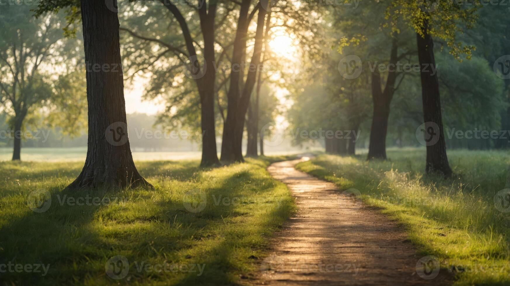 A serene path through a sunlit forest, inviting tranquility and reflection. photo