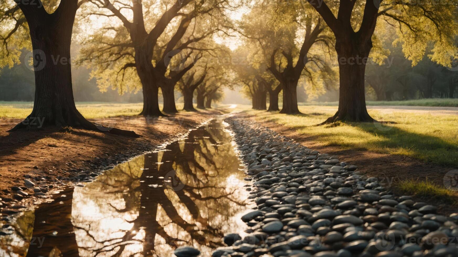 A serene landscape featuring a tree-lined path beside a reflective stream. photo