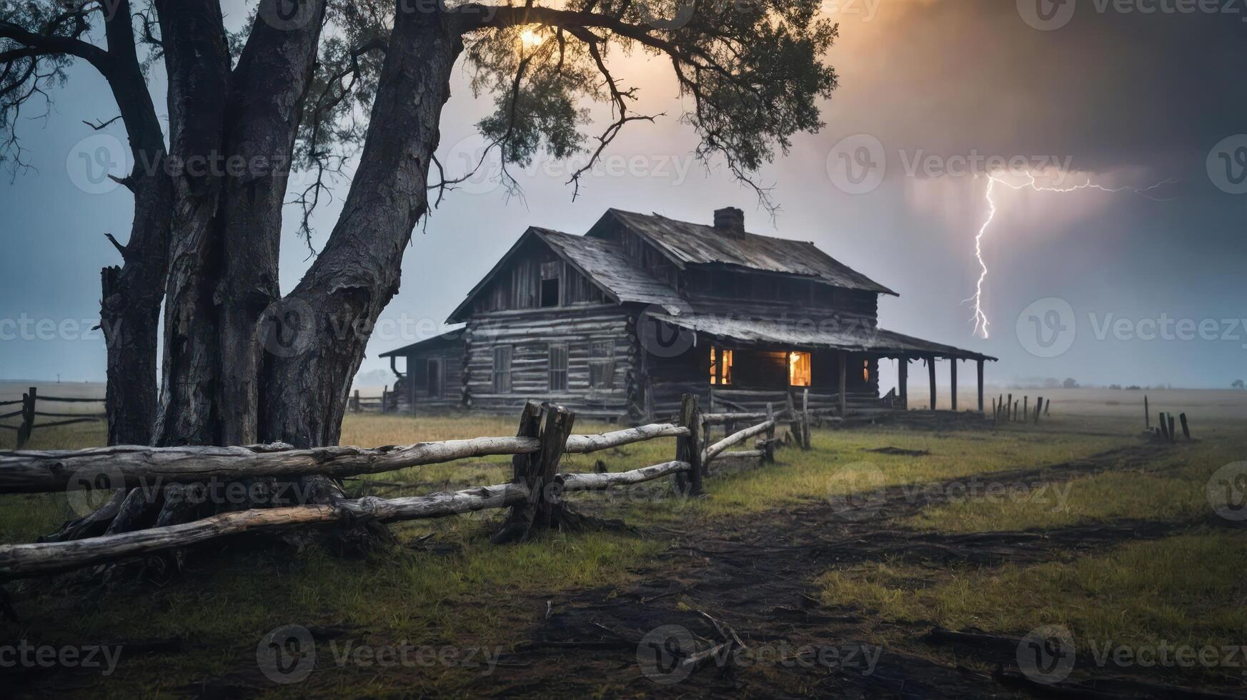 A rustic farmhouse under a stormy sky with lightning, evoking a sense of drama and isolation. photo
