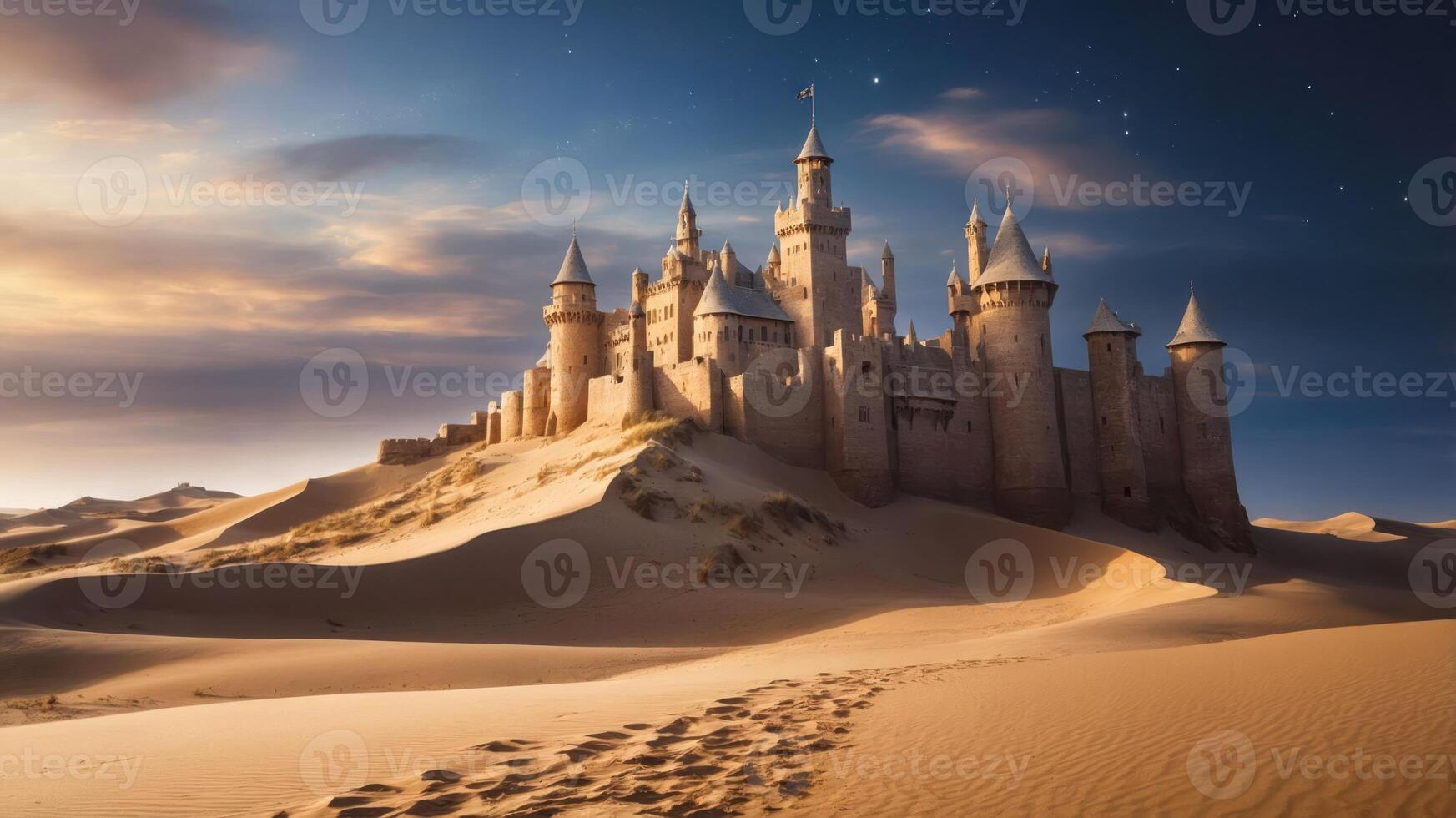 A majestic castle rises amidst vast desert sands under a twilight sky. photo