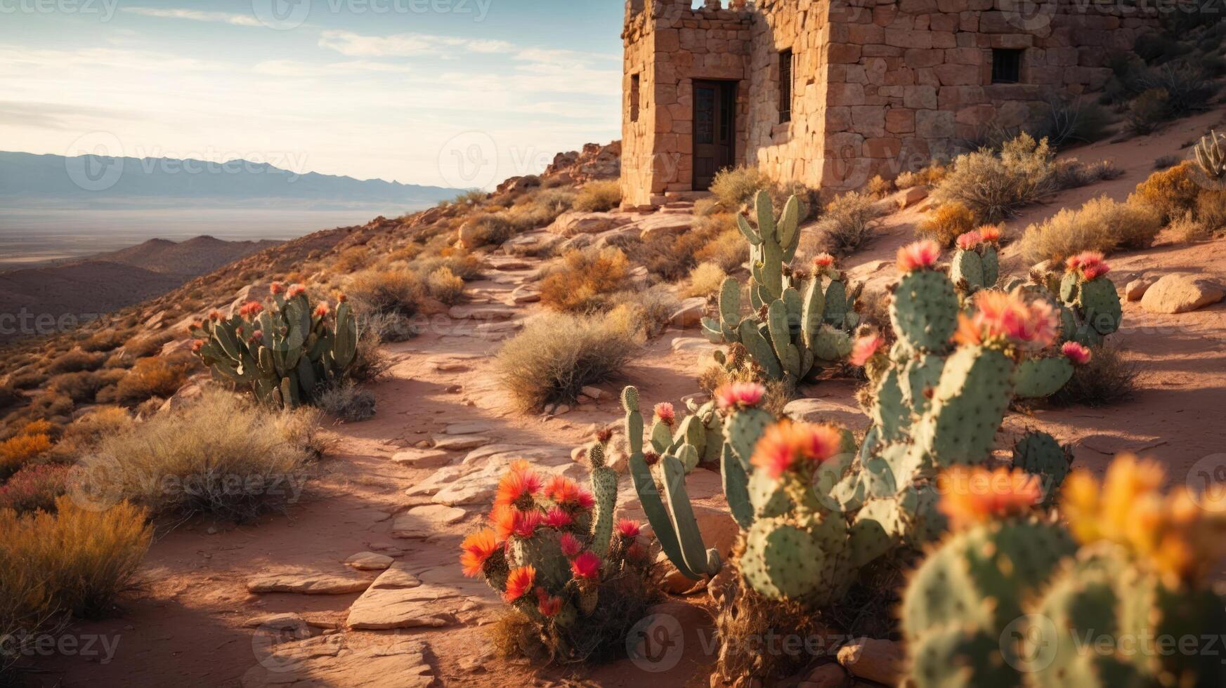 A scenic desert landscape featuring cacti and a stone structure at sunset. photo