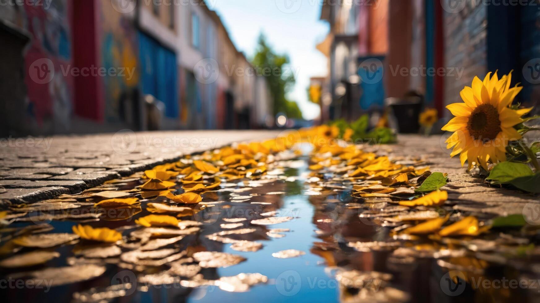 A vibrant alleyway adorned with sunflower petals and reflections in a puddle. photo