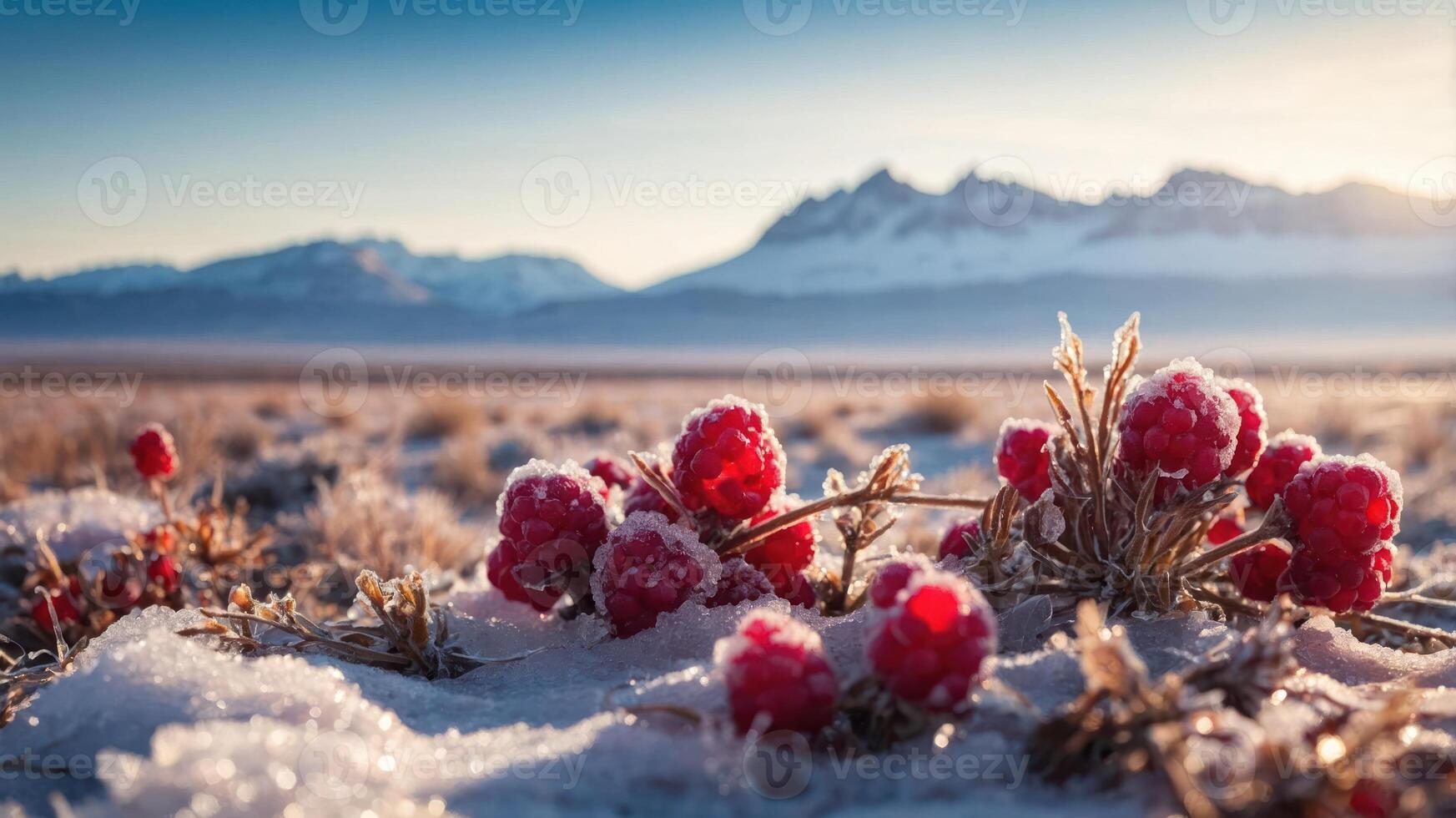 Frost-covered raspberries in a serene winter landscape with mountains in the background. photo