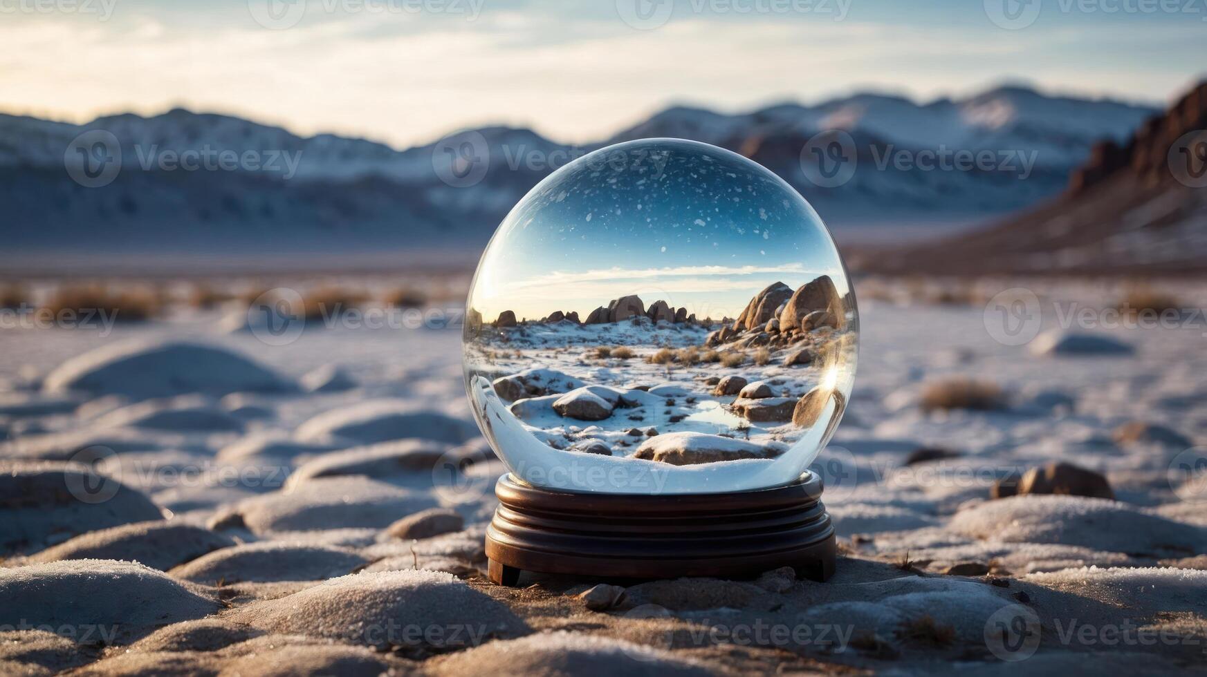 A snow globe displaying a serene winter landscape with mountains in the background. photo