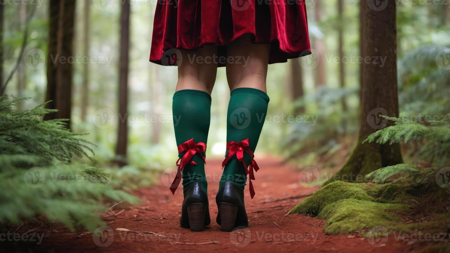 A person stands in a forest, wearing a red skirt and green socks with bows, highlighting fashion. photo