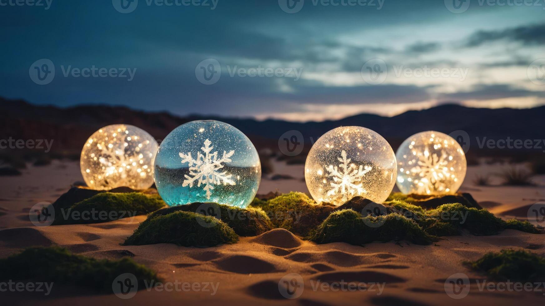 Four glowing snow globes with snowflakes sit on mossy ground at dusk. photo