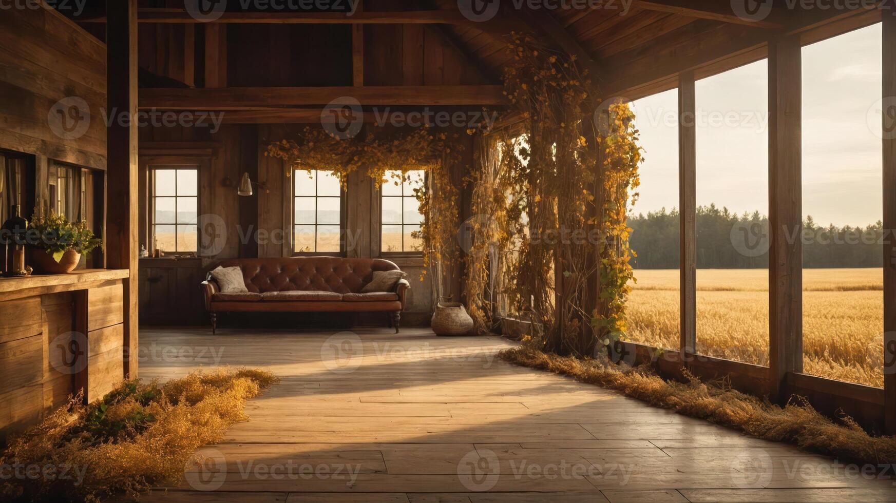 Cozy rustic interior with a view of golden fields and warm sunlight. photo