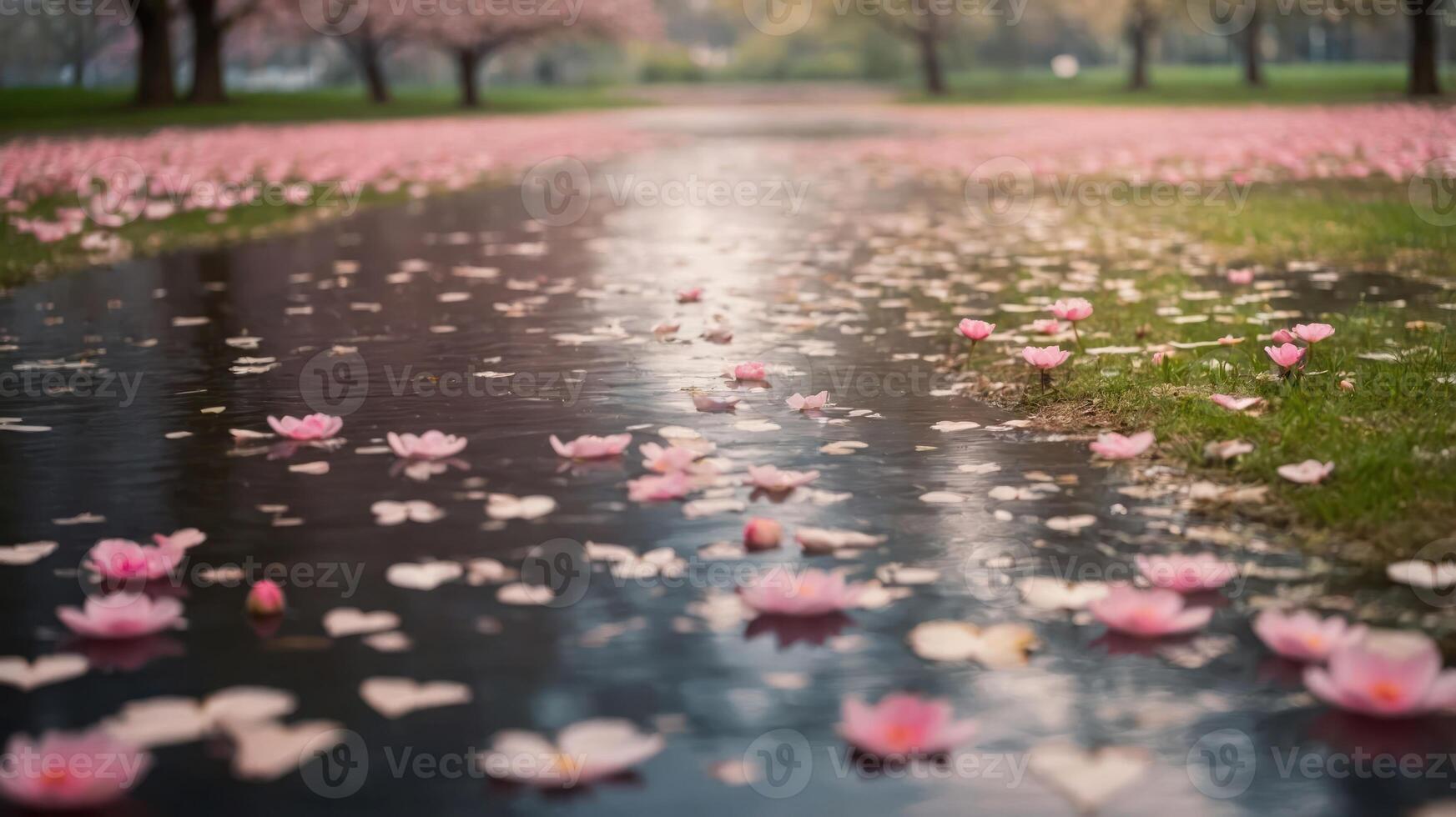 A serene park scene with pink flowers floating on water, creating a tranquil atmosphere. photo
