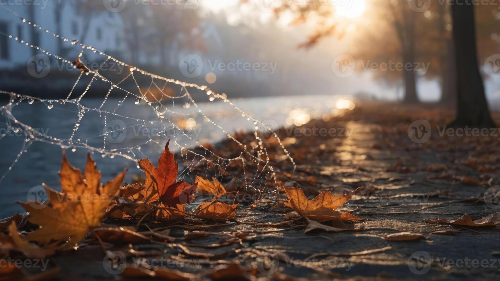 A serene autumn scene with leaves, a spider web, and a canal at sunrise. photo