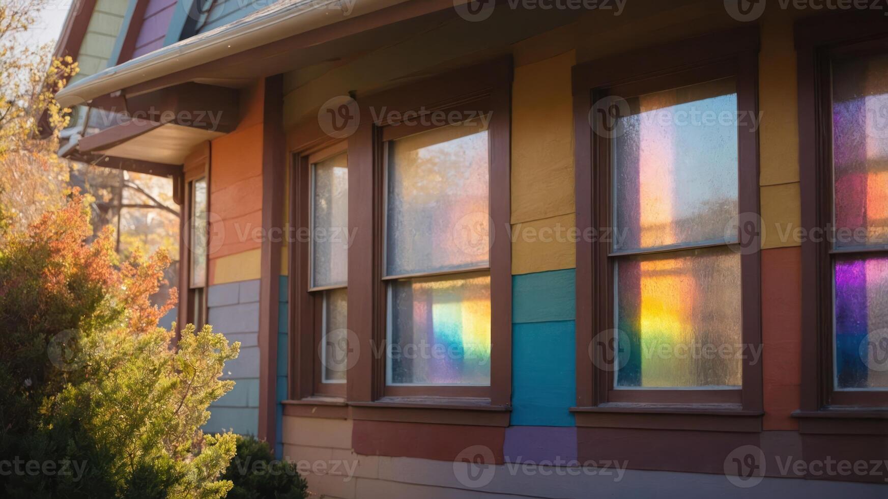 Colorful house with rainbow reflections in windows, showcasing vibrant architecture. photo
