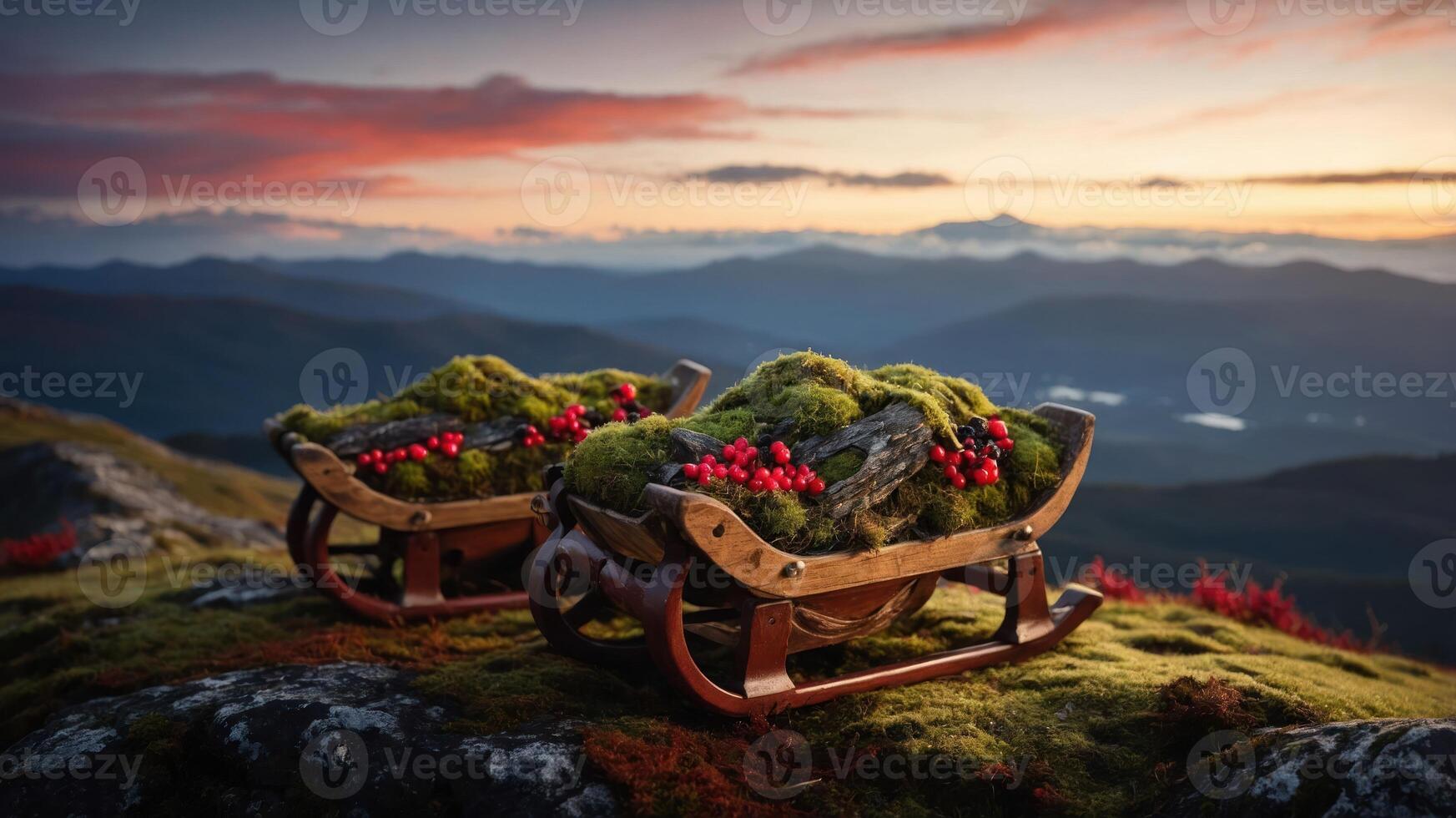 A serene landscape featuring wooden sleds adorned with moss and berries at sunset. photo