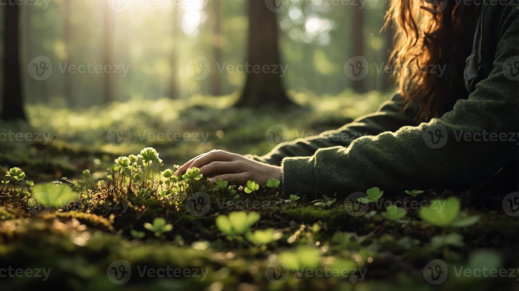 A person gently touching plants in a sunlit forest, emphasizing connection with nature. photo