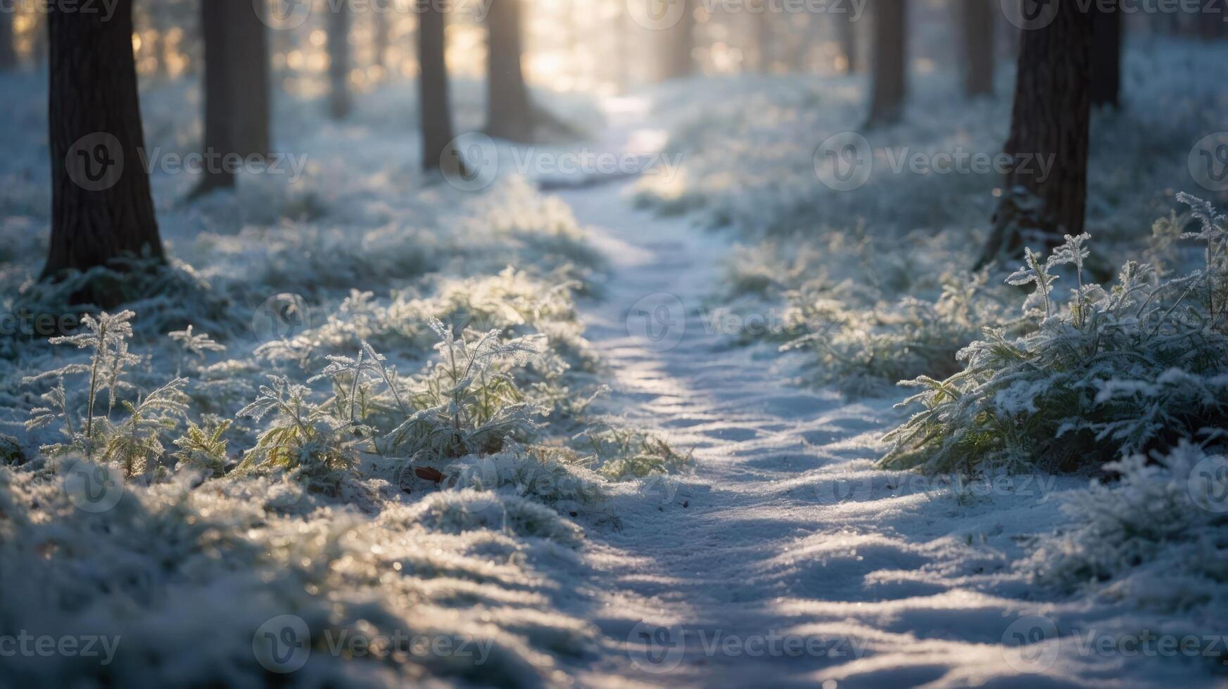 A serene winter pathway through a snowy forest, illuminated by soft sunlight. photo