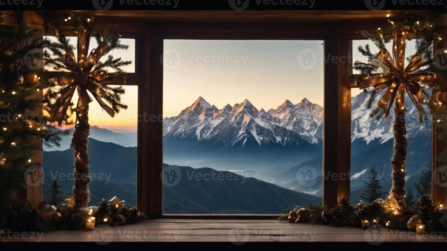 A cozy window view showcasing snow-capped mountains and festive decorations. photo