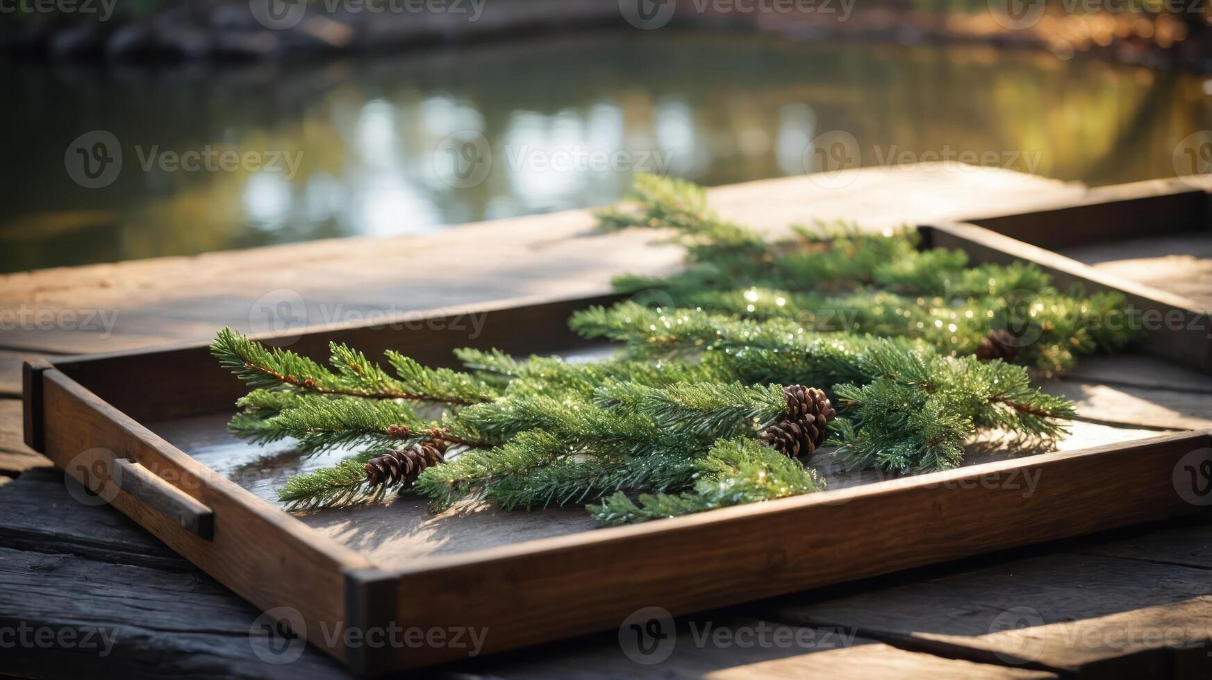 A wooden tray holds pine branches and cones, set against a serene outdoor backdrop. photo