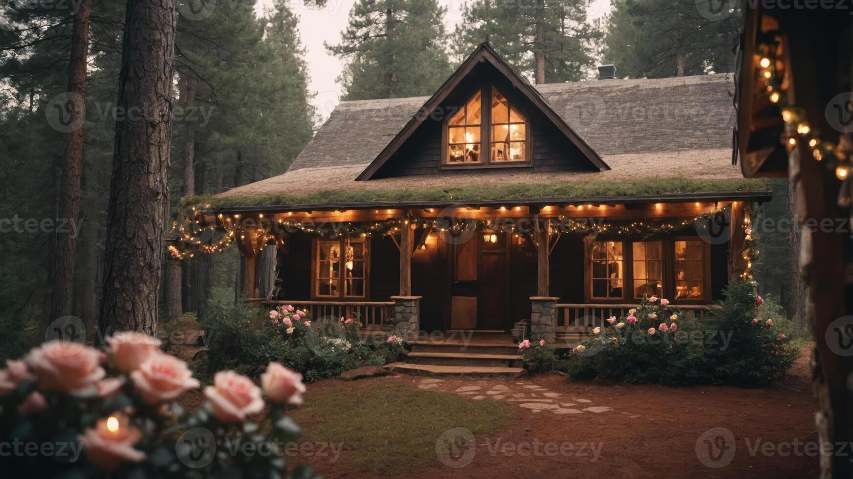 A cozy cabin adorned with lights and roses, set in a serene forest environment. photo