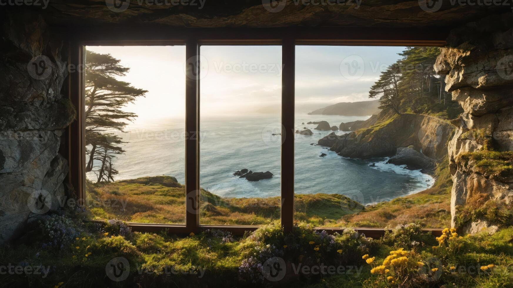 Scenic coastal view framed by a window, showcasing nature's beauty and tranquility. photo