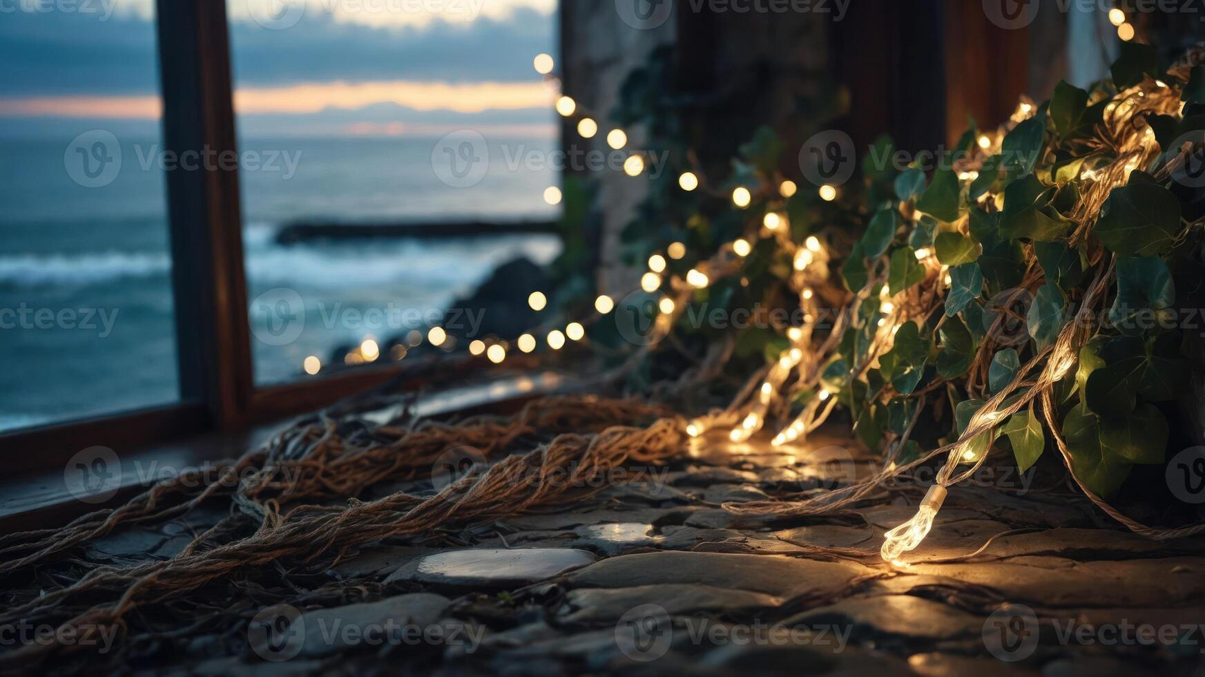 A serene coastal scene with fairy lights and ivy, creating a cozy atmosphere by the ocean. photo