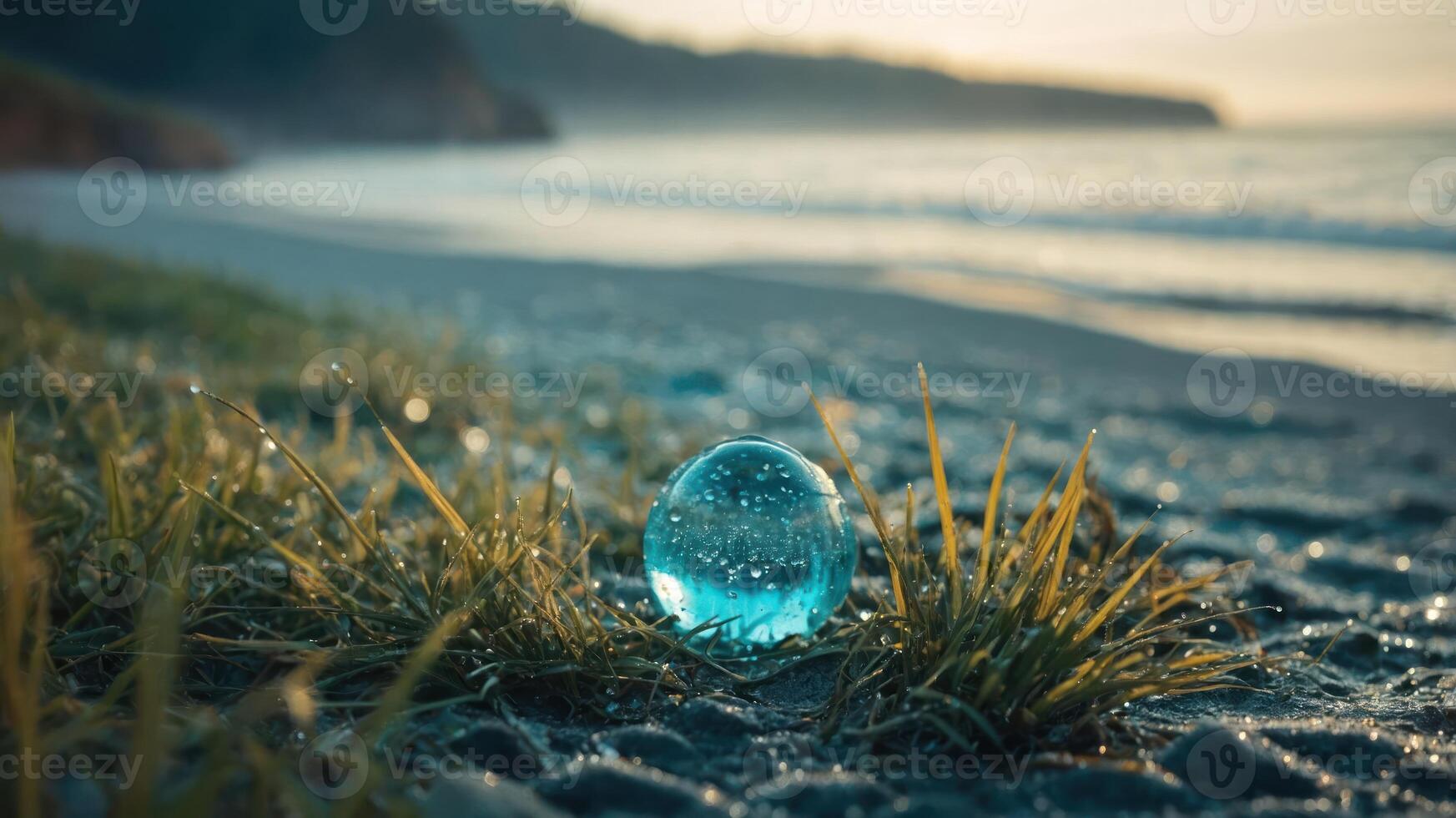 A glass orb rests on grass by the beach, reflecting the serene ocean and sky. photo