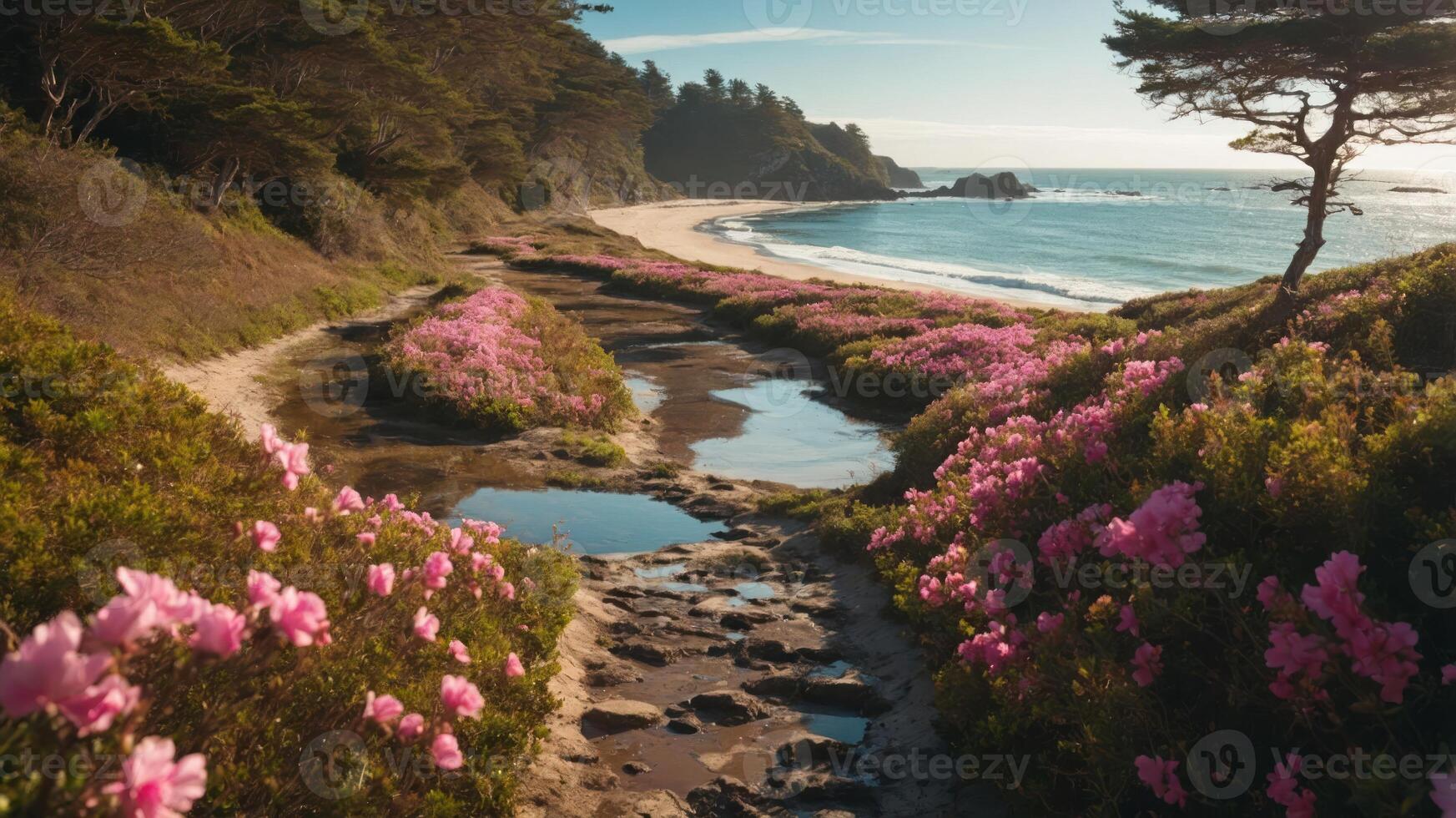 Serene coastal landscape with pink flowers along a sandy beach and tranquil waters. photo
