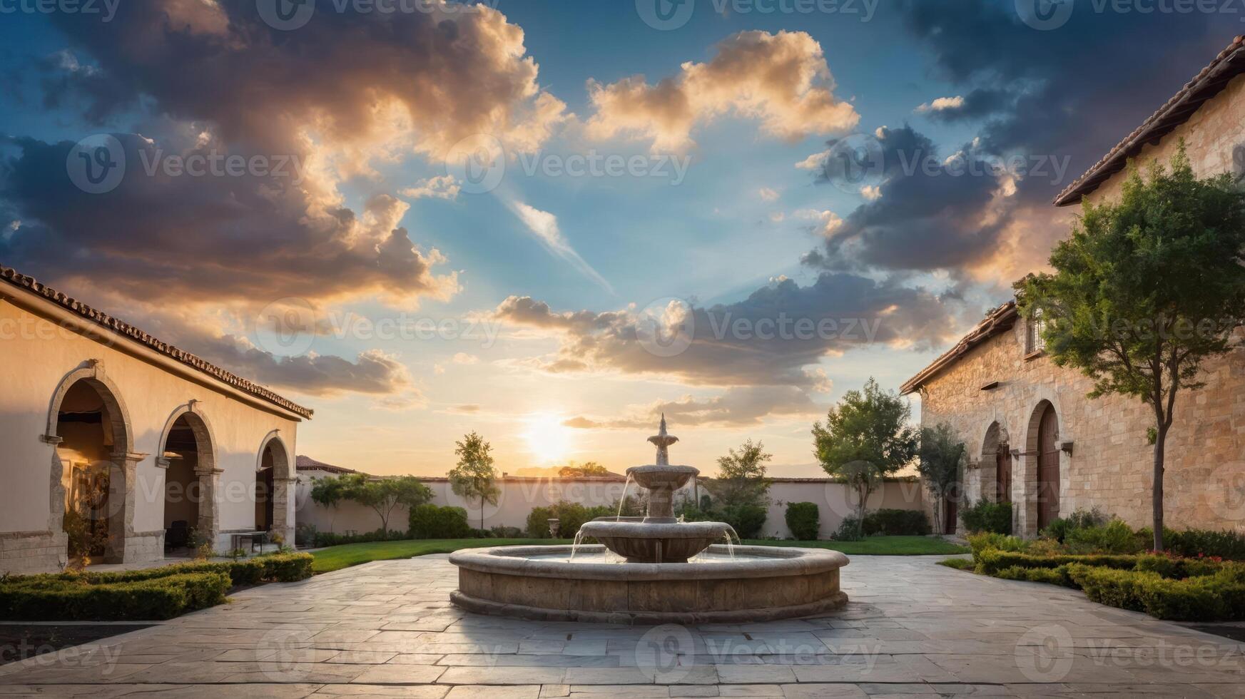 A serene courtyard featuring a fountain under a picturesque sunset with clouds. photo