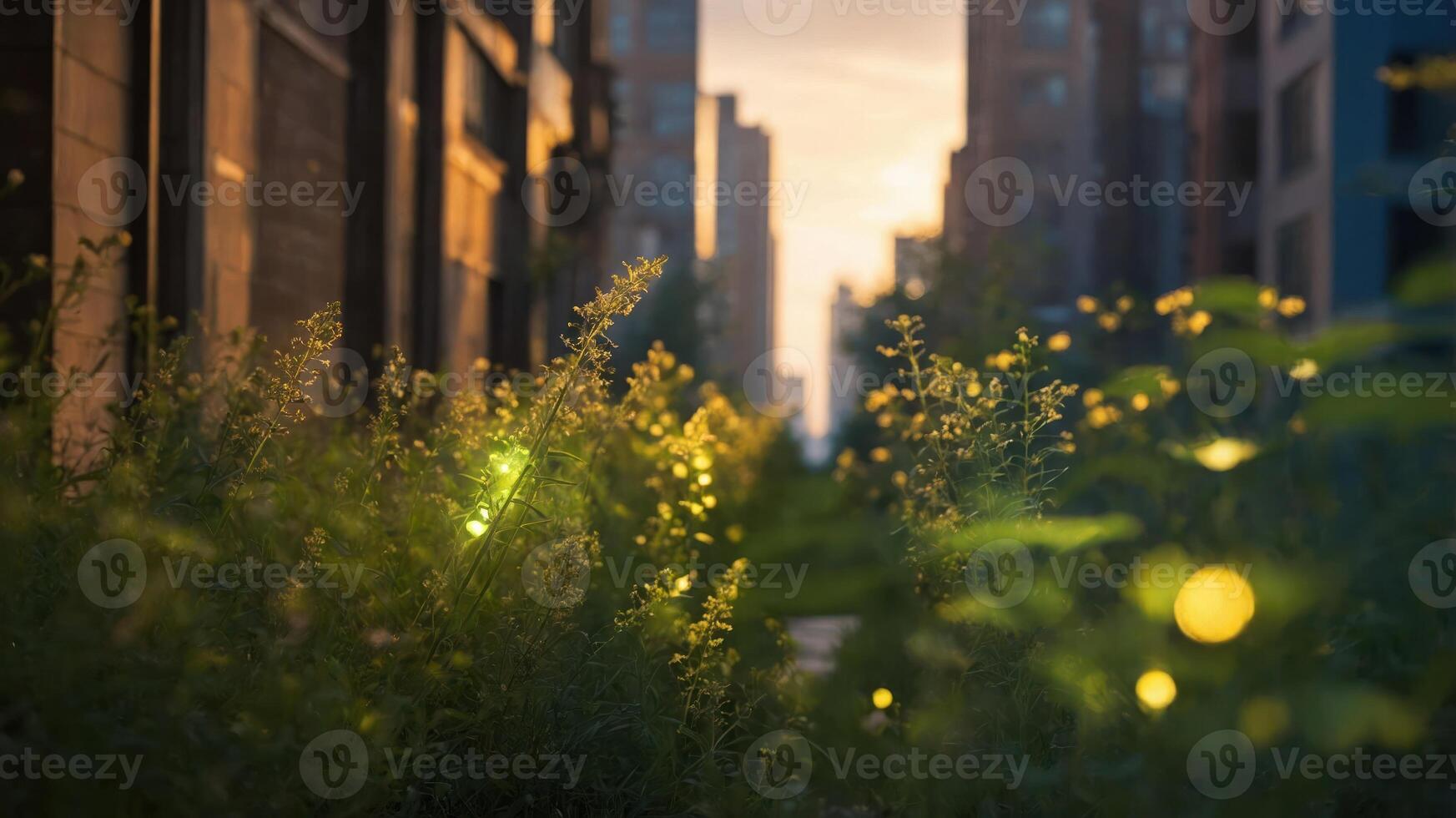 A serene urban scene with glowing plants at sunset, highlighting nature amidst buildings. photo